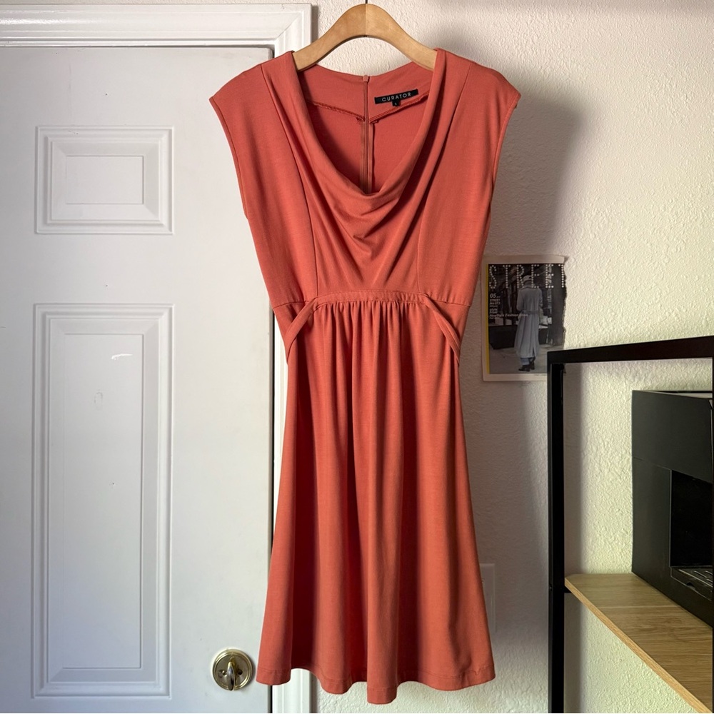 CURATOR SF Clay peach tangerine rust‎ orange cowl neck knit belted mini dress